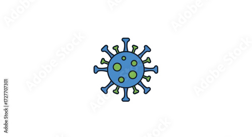 Stylized Blue Coronavirus Particle with Green Spots and Spikes.