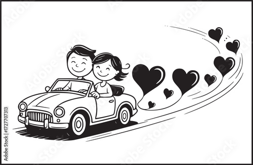 Road Trip Romance: An adorable couple, joyfully navigate the open road in a classic convertible, trailing a whimsical chain of hearts, symbolizing their journey of love and togetherness.