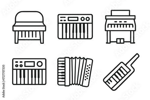 Outline illustrations of musical instruments: pianos, keyboards, accordion, synthesizer