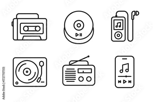 Retro and modern audio devices: cassette, cd, mp3 player line art