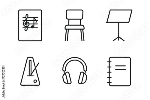 Sheet music, chair, music stand, metronome, headphones, and notebook icons