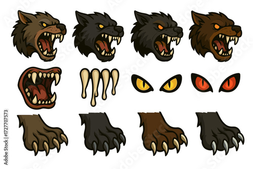 Fierce werewolf heads and paws with claws and eyes in various anger expressions