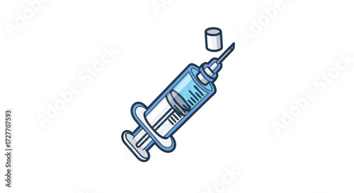Cartoon Medical Syringe with Needle and Detached Cap Blue Liquid.