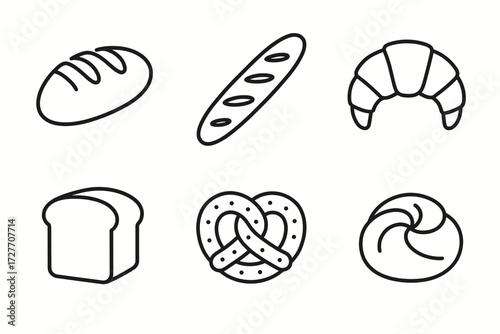 Simple black and white bread icons including loaf baguette croissant pretzel