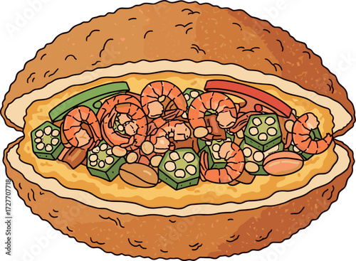 Brazilian food of acarajé split open with filling, with shrimp, okra, on transparent background