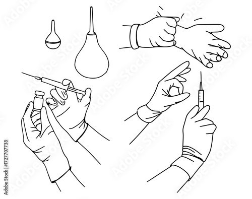 A set of hand-drawn line art of a hand with a syringe, enemas, hands in rubber medical gloves.