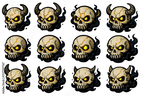 Set of horned and crackled fiery skulls with glowing eyes