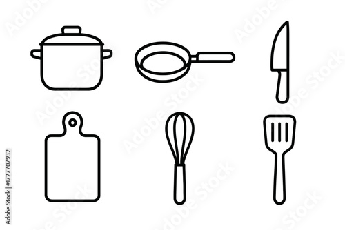 Simple kitchen utensils: pot, pan, knife, cutting board, whisk, spatula icons