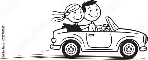 Joyful Road Trip: A cheerful couple embarks on a scenic road trip in their classic convertible, wind in their hair, embarking on an adventure of love and companionship.