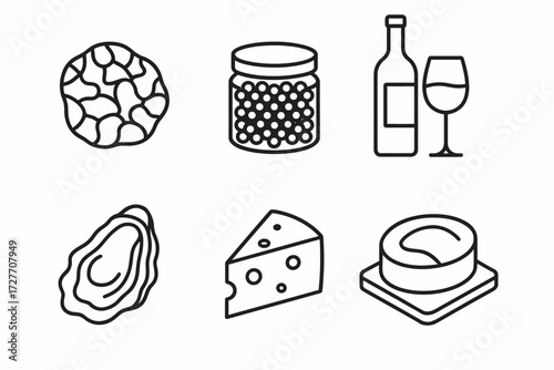 Gourmet icons: truffle, caviar, wine, oyster, cheese, brioche