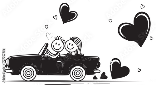 Joy Ride Together: Joyful stick figures enjoy a romantic drive in a classic car, surrounded by floating hearts that symbolize love and affection.