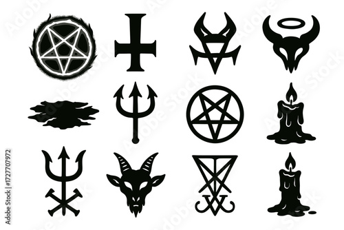 Collection of dark occult symbols: pentagram, inverted cross, demonic icons, trident, candles