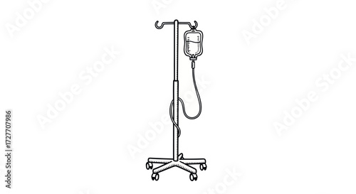 Medical IV Drip Stand with Fluid Bag Line Art Illustration.