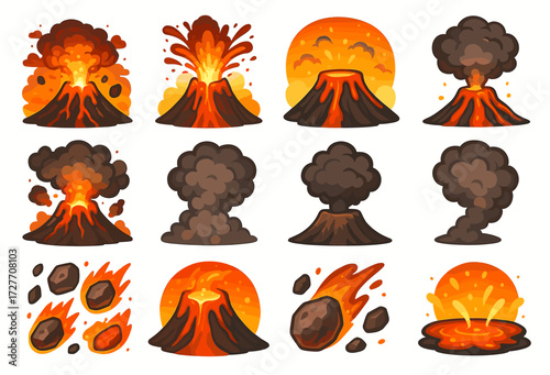 Collection of cartoon volcano eruptions with lava and ash clouds
