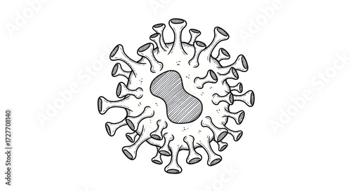 Artistic hand-drawn sketch of a virus particle resembling a coronavirus with spike proteins.