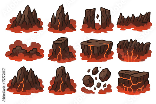 Collection of fiery lava rock formations and eruptions