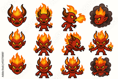Fiery devil characters with horns and flame hair showing different expressions