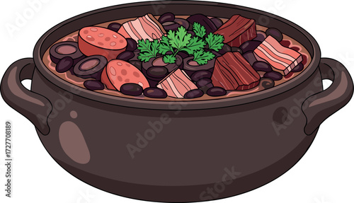 Brazilian food cartoon illustration of feijoada in a clay pot on transparent background