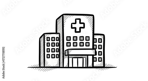 Hand-drawn sketch of a hospital building with a medical cross symbol.