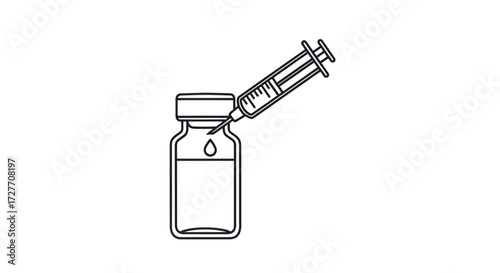 Syringe injecting liquid into a glass vial medical treatment illustration.