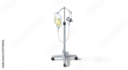 Medical IV Drip Stand with Infusion Bag and Pump on Wheels.