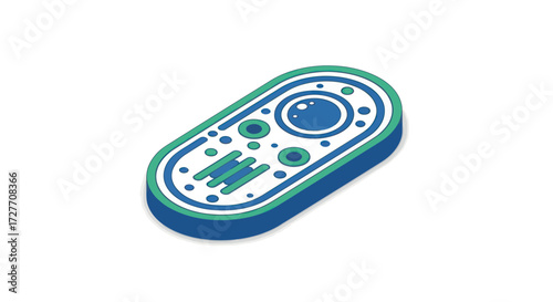 Isometric Biological Cell Illustration with Internal Organelles in Blue and Green.