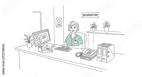 Friendly Nurse at Information Desk in Hospital Smiling and Ready to Assist Patients.
