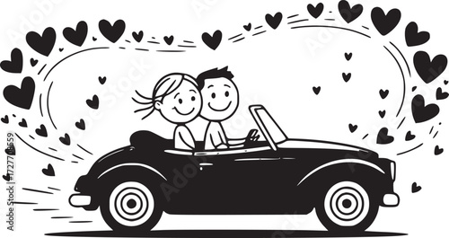 Love on the Road: A charming illustration of a couple in a convertible car, with heart-shaped elements, expressing love, romance, and togetherness, perfect for conveying affection. 