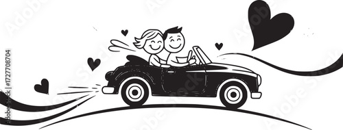 Romantic Drive: A charming illustration depicts a couple enjoying a romantic drive in a classic convertible, hearts floating in the air, symbolizing love and shared moments.