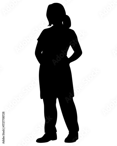 Silhouette of young woman standing minimal black vector design isolated on white background