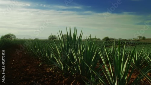 Bright Sunlight and Lens Flare over a Green Agave Plantation