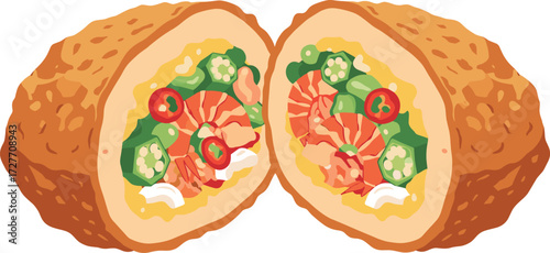 Brazilian food: acarajé split open with filling, with shrimp, okra, on transparent background