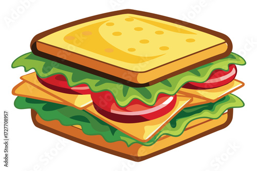 The delicious square cartoon sandwich with lettuce, tomato, and cheese awaits a tasty bite