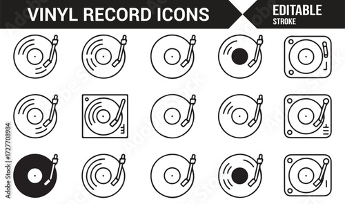 Vintage music turntable and record icons in minimal black and white style