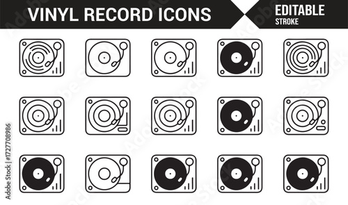 Icon set of vinyl records and turntables for audio entertainment themes