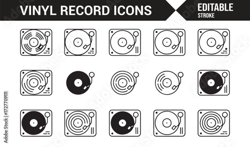 Flat vector record player and disc glyphs for retro sound design