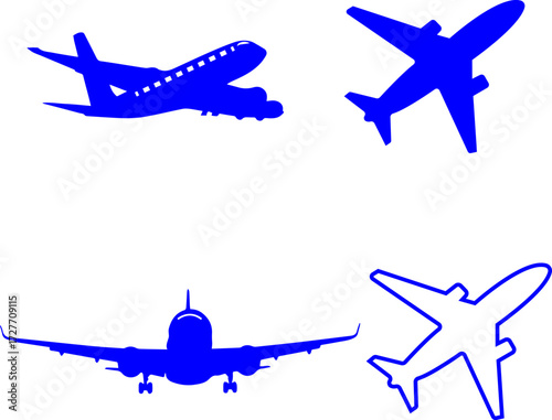 Collection of travel airplane icon symbol and plane blue silhouette icon