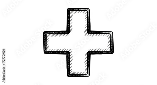 Hand-drawn plus sign symbol with a thick outline and textured fill.