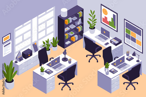 Isometric illustration of a modern building exterior with clean lines and geometric shapes