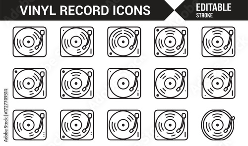 Retro vinyl record player line art icons for music illustration pack