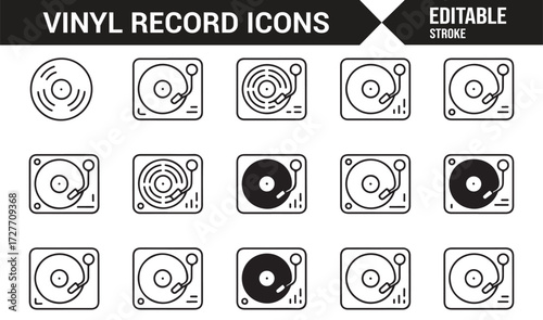 Collection of turntable vector symbols for audio entertainment and DJ design