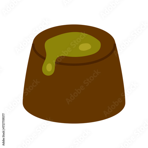 Vector Dubai chocolate fondant or candy with pistachio filling isolated on white. Nutty molten dessert illustration for bakery menu, premium confectionery, and gourmet branding.