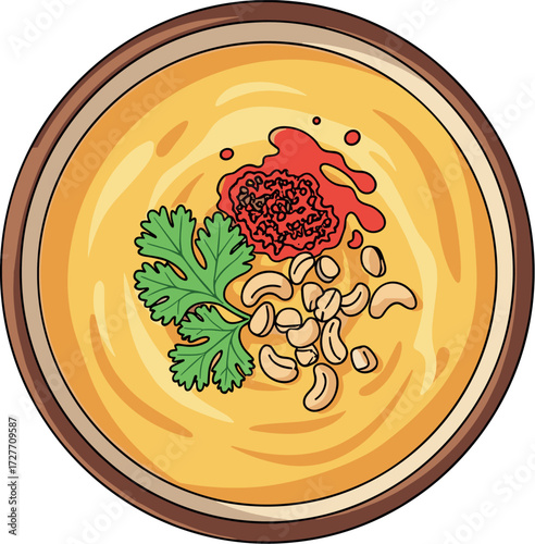 Brazilian food of vatapá in a bowl with garnish, and red sauce on transparent background