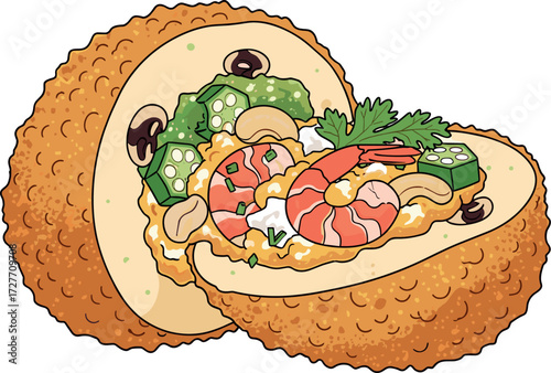 Brazilian food of acarajé split open with filling, on transparent background