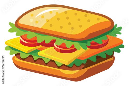 Cartoonish sandwich features stacked cheese, tomato, and lettuce between two porous bread slices
