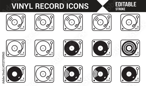 Black and white vinyl record icons set with editable stroke for retro music themes