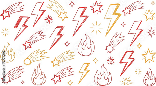 Vector art of collection of handdrawn lightning bolts, shooting stars, and flames