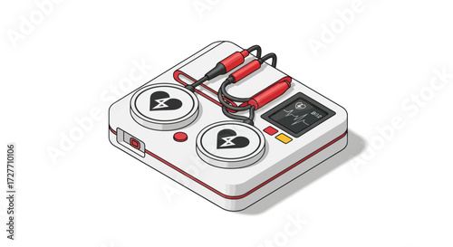 Vintage Portable Defibrillator with Heart Symbol and Red Handpiece.
