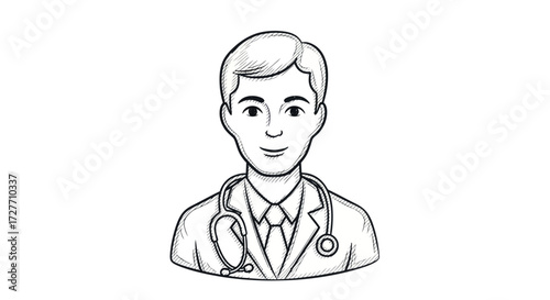 Hand-drawn male doctor sketch with stethoscope and professional attire.