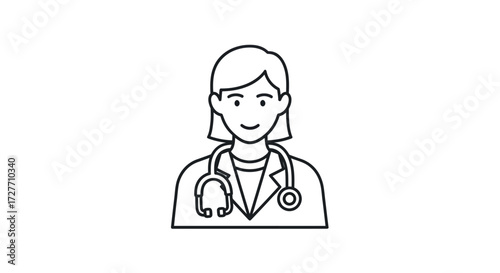 Professional female doctor icon with stethoscope and lab coat.